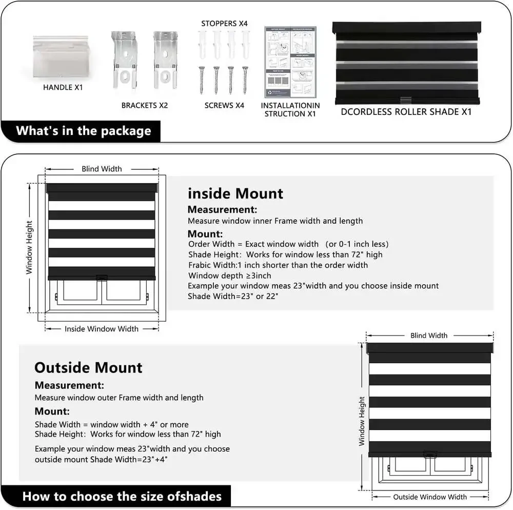 AOSKY Cordless Zebra Blinds 33”W x 72”H Black Dual Layer Roller Window Shade